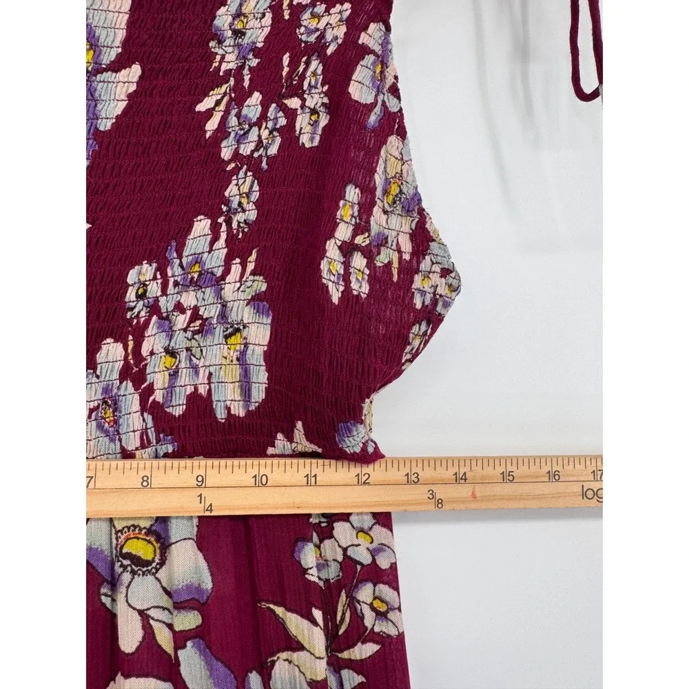 Free People Garden Party Maxi Dress Women M Burgundy Floral Smocked Boho Cottage